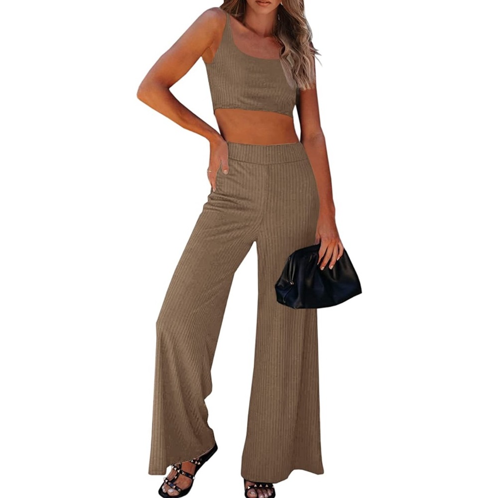 Two Piece Matching Set Ribbed Wide Leg Pant and Tank Crop Top